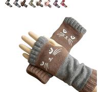 Genérico Women’s Knitted Fingerless Gloves with Cute Cat Embroidery - Cat Embroidery Splicing Knitted Gloves,Warm Glove,2026 New (Khaki,One Size)