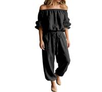 Genérico Women‘s Off Shoulder Jumpsuit-Tie Waist Wide Leg Long Sleeve with Pockets (Black,XL)