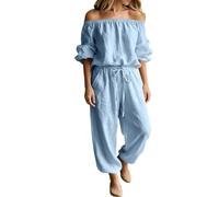 Genérico Women‘s Off Shoulder Jumpsuit-Tie Waist Wide Leg Long Sleeve with Pockets (Blue,S)