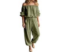 Genérico Women‘s Off Shoulder Jumpsuit-Tie Waist Wide Leg Long Sleeve with Pockets (Green,XL)