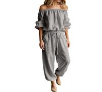 Genérico Women‘s Off Shoulder Jumpsuit-Tie Waist Wide Leg Long Sleeve with Pockets (Grey,3XL)