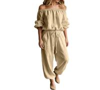 Genérico Women‘s Off Shoulder Jumpsuit-Tie Waist Wide Leg Long Sleeve with Pockets (Khaki,M)