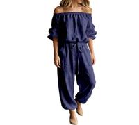 Genérico Women‘s Off Shoulder Jumpsuit-Tie Waist Wide Leg Long Sleeve with Pockets (Navy,XXL)