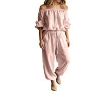 Genérico Women‘s Off Shoulder Jumpsuit-Tie Waist Wide Leg Long Sleeve with Pockets (Pink,M)