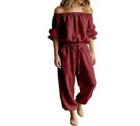 Genérico Women‘s Off Shoulder Jumpsuit-Tie Waist Wide Leg Long Sleeve with Pockets (Red,L)