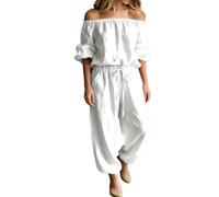 Genérico Women‘s Off Shoulder Jumpsuit-Tie Waist Wide Leg Long Sleeve with Pockets (White,S)