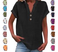 Genérico Women’s Summer Linen Cotton Tunic Top 2025 - Short Sleeve V Neck Button Down Casual Blouse Plus Size (Black,XXL)