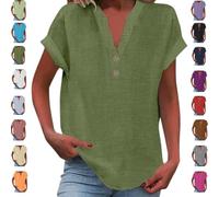 Genérico Women’s Summer Linen Cotton Tunic Top 2025 - Short Sleeve V Neck Button Down Casual Blouse Plus Size (Dark Green,XXL)