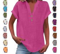 Genérico Women’s Summer Linen Cotton Tunic Top 2025 - Short Sleeve V Neck Button Down Casual Blouse Plus Size (Rose Red,XXL)