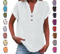 Genérico Women’s Summer Linen Cotton Tunic Top 2025 - Short Sleeve V Neck Button Down Casual Blouse Plus Size (White,M)