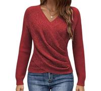 Genérico Women’s V Neck Sweater Criss Cross Pullover, Long Sleeve Ruched Knit Top, Casual Elegant Wrap Knit for Daily Wear
