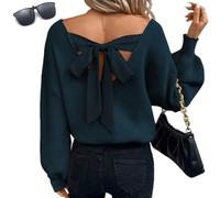 Genérico Women Sexy Backless Bow Tied Sweaters,Long Lantern Sleeve V Neck Knit Tops Pullover,Fall Winter Trendy Drop Shoulder Sweater
