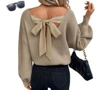Genérico Women Sexy Backless Bow Tied Sweaters,Long Lantern Sleeve V Neck Knit Tops Pullover,Fall Winter Trendy Drop Shoulder Sweater
