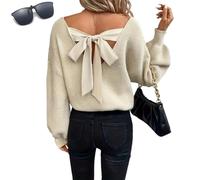 Genérico Women Sexy Backless Bow Tied Sweaters,Long Lantern Sleeve V Neck Knit Tops Pullover,Fall Winter Trendy Drop Shoulder Sweater