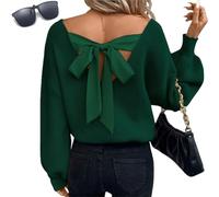 Genérico Women Sexy Backless Bow Tied Sweaters,Long Lantern Sleeve V Neck Knit Tops Pullover,Fall Winter Trendy Drop Shoulder Sweater