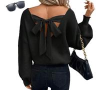 Genérico Women Sexy Backless Bow Tied Sweaters,Long Lantern Sleeve V Neck Knit Tops Pullover,Fall Winter Trendy Drop Shoulder Sweater