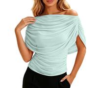Genérico Women Sheer Mesh Layered Crop Top Ruched Waist Draped Cowl Neck Shirts (Green,M)