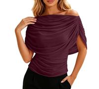Genérico Women Sheer Mesh Layered Crop Top Ruched Waist Draped Cowl Neck Shirts (Red,M)