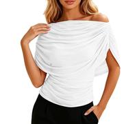 Genérico Women Sheer Mesh Layered Crop Top Ruched Waist Draped Cowl Neck Shirts (White,L)