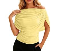 Genérico Women Sheer Mesh Layered Crop Top Ruched Waist Draped Cowl Neck Shirts (Yellow,M)