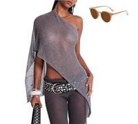 Genérico Women Sheer See Through Knit Poncho,Summer One-Shoulder Asymmetric Knit Poncho,Lightweight Mesh Pullover Cape Top
