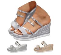 Genérico Women Shinny Platform Sandals Dressy Espadrille Wedge Chunky Heels Open Toe Slip on Summer Comfortable Beach Glitter Strappy Double Strap Wide Width Non Slip Wedding (Silver,37)
