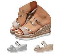 Genérico Women Shinny Platform Sandals Dressy Espadrille Wedge Chunky Heels Open Toe Slip on Summer Comfortable Beach Glitter Strappy Double Strap Wide Width Non Slip Wedding (Gold,36)