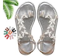 Genérico Women Sparkly Rhinestones Butterfly Flat Sandals with Ankle Strap, Elegant Comfortable Glitter Open Toe Flat Shoes (Silver,40)
