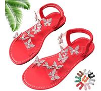 Genérico Women Sparkly Rhinestones Butterfly Flat Sandals with Ankle Strap, Elegant Comfortable Glitter Open Toe Flat Shoes (Red,37)