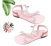 Genérico Women Sparkly Rhinestones Butterfly Flat Sandals with Ankle Strap, Elegant Comfortable Glitter Open Toe Flat Shoes (Pink,36)
