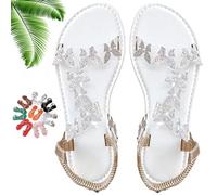 Genérico Women Sparkly Rhinestones Butterfly Flat Sandals with Ankle Strap, Elegant Comfortable Glitter Open Toe Flat Shoes (White,39)