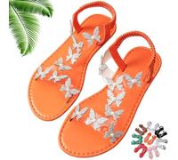 Genérico Women Sparkly Rhinestones Butterfly Flat Sandals with Ankle Strap, Elegant Comfortable Glitter Open Toe Flat Shoes (Orange,41)