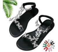 Genérico Women Sparkly Rhinestones Butterfly Flat Sandals with Ankle Strap, Elegant Comfortable Glitter Open Toe Flat Shoes (Black,38)