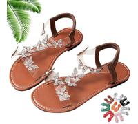 Genérico Women Sparkly Rhinestones Butterfly Flat Sandals with Ankle Strap, Elegant Comfortable Glitter Open Toe Flat Shoes (Brown,39)