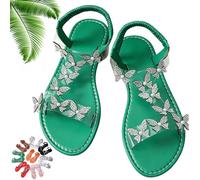 Genérico Women Sparkly Rhinestones Butterfly Flat Sandals with Ankle Strap, Elegant Comfortable Glitter Open Toe Flat Shoes (Green,42)
