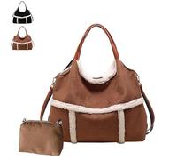 Genérico Women Suede Tote With Faux Lamb Wool Lined - Large Capacity Shoulder Bag Top Handle Handbag for Work, School & Travel (Brown)
