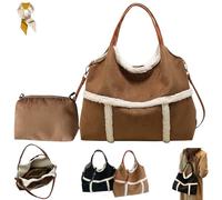 Genérico Women Suede Tote with Faux Lamb Wool Lined,Vintage Large Capacity Plush Shoulder Bag,Faux Fur Top Handle Handbag Travel Purse (Brown)