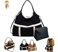 Genérico Women Suede Tote with Faux Lamb Wool Lined,Vintage Large Capacity Plush Shoulder Bag,Faux Fur Top Handle Handbag Travel Purse (Black)
