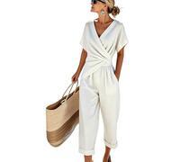 Genérico Women V Neck 2 Piece Set Irregular Wrap Short Sleeve Top Cropped Pants with Pockets Twist Waist Loose Casual Summer Outfit