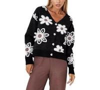 Genérico Women V Neck Floral Furry Crop Cardigan Knitted Button Down Cashmere Sweater Fall Outfits (Black,XXL)