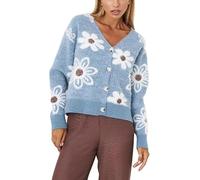 Genérico Women V Neck Floral Furry Crop Cardigan Knitted Button Down Cashmere Sweater Fall Outfits (Blue,XXL)