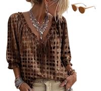 Genérico Women V-Neck Polka Dot Lace up Blouse, Boho Geometric Print Drawstring Ruffle Shirts, 3/4 Sleeve Flowy Summer Casual Tops