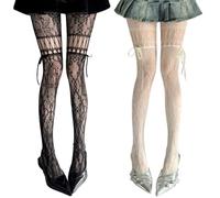 Genérico Women Y2K Sexy Lace Fishnet Tights with Ribbon Bow Garter Pantyhose Style (2PCS-A)
