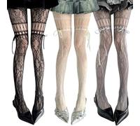 Genérico Women Y2K Sexy Lace Fishnet Tights with Ribbon Bow Garter Pantyhose Style (3PCS-A)