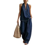 Genérico Women's 2 Piece Denim Set Sleeveless V Neck Halter Vest Top Wide Leg Barrel Jeans Elastic Waist Jean Sets Summer Casual Outfits (Light blue, S)