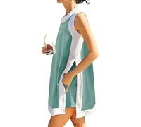Genérico Women's 2-Piece Sets Color Block Crewneck Sleeveless Top + Skirt & Shorts w/Pockets, Two Piece Short Set For Women (Green,L)