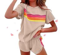 Genérico Womens 2 Piece Short Sets Casual Rainbow Striped Crewneck Short Outfits Elastic Shorts Sets New Lounge Tracksuits (Khaki,S)
