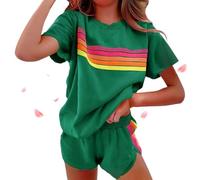 Genérico Womens 2 Piece Short Sets Casual Rainbow Striped Crewneck Short Outfits Elastic Shorts Sets New Lounge Tracksuits (Green,M)