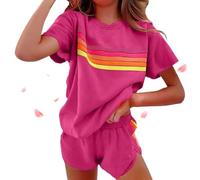 Genérico Womens 2 Piece Short Sets Casual Rainbow Striped Crewneck Short Outfits Elastic Shorts Sets New Lounge Tracksuits (Rose,S)