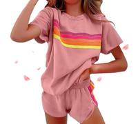 Genérico Womens 2 Piece Short Sets Casual Rainbow Striped Crewneck Short Outfits Elastic Shorts Sets New Lounge Tracksuits (Pink,XL)